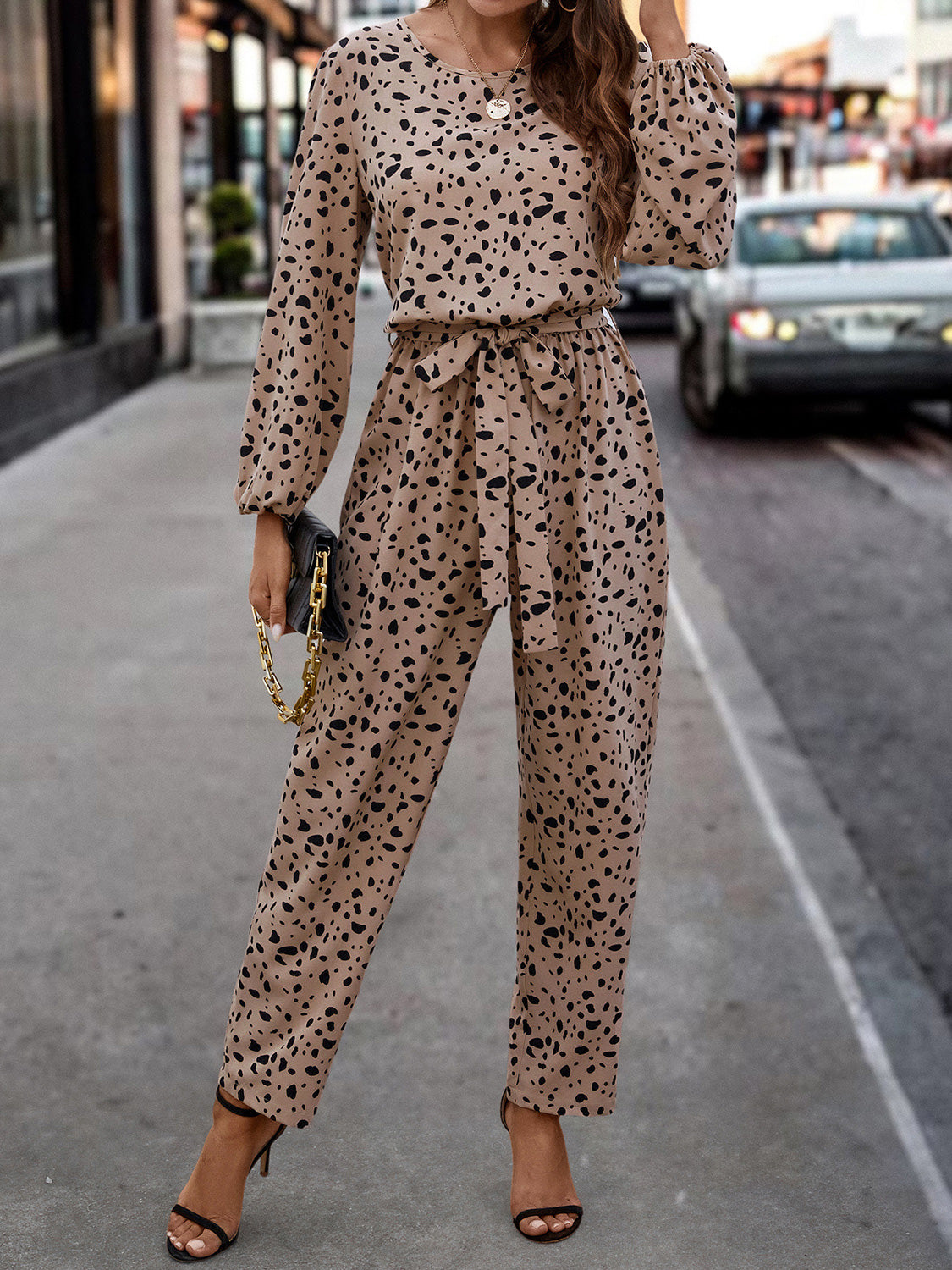 Ivyshape | Leopard Tie Front Balloon Sleeve Jumpsuit