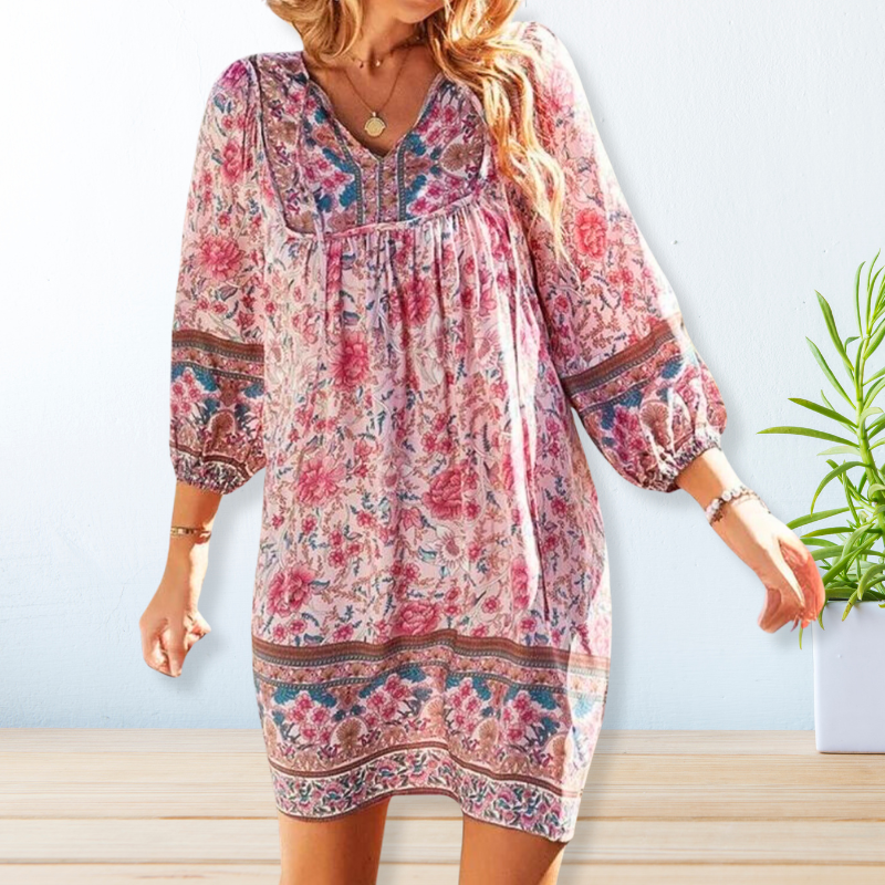 Ivyshape | Women's Printed Bohemian Dress V-Neck