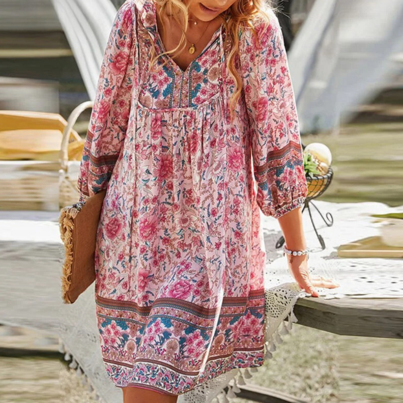 Ivyshape | Women's Printed Bohemian Dress V-Neck