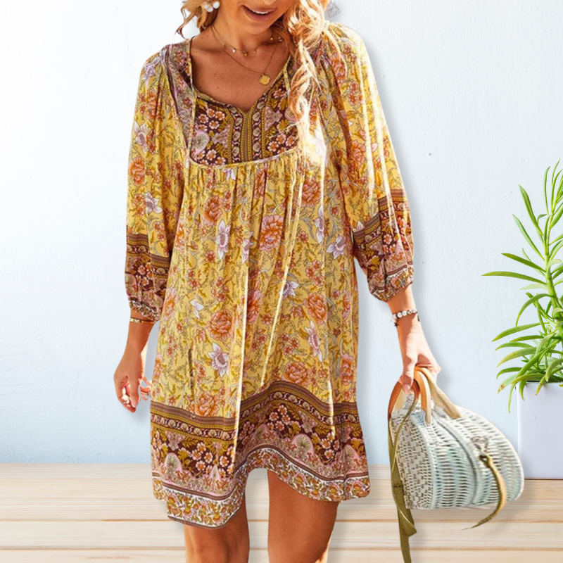 Ivyshape | Women's Printed Bohemian Dress V-Neck