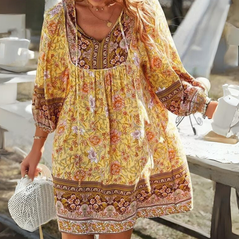 Ivyshape | Women's Printed Bohemian Dress V-Neck