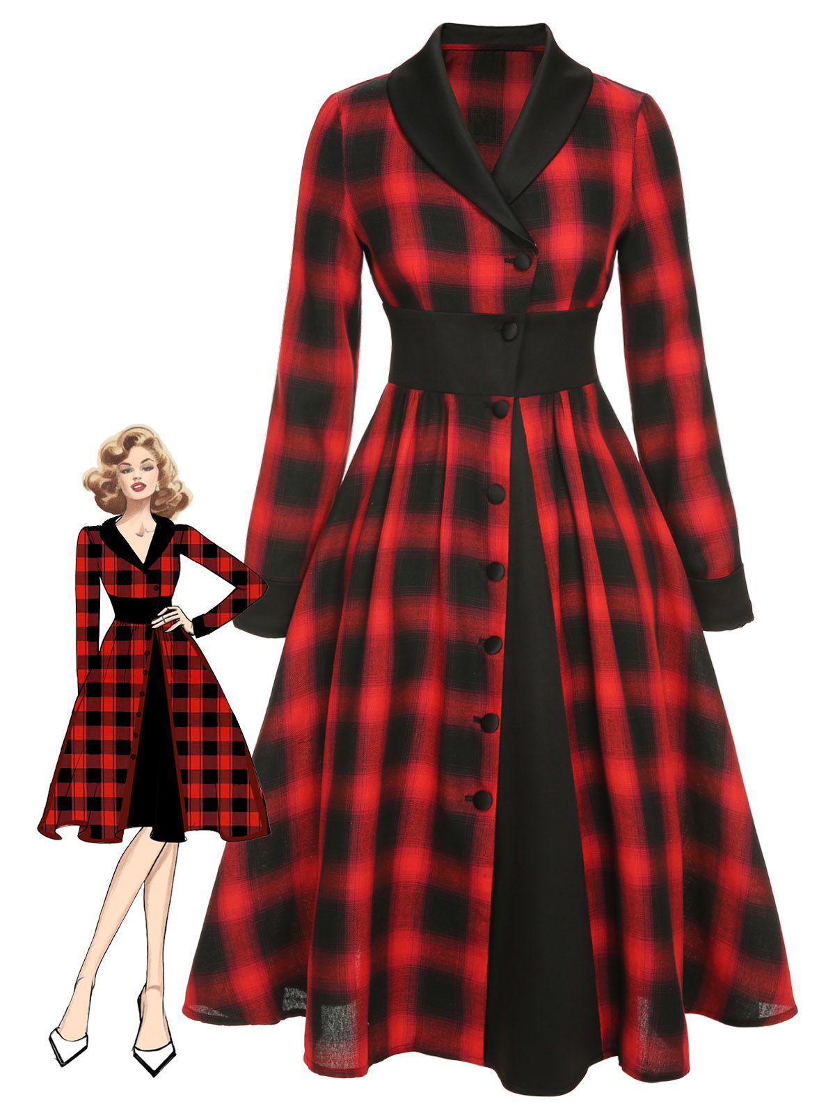 Black&Red Gingham Plaid Button Lapel Dress