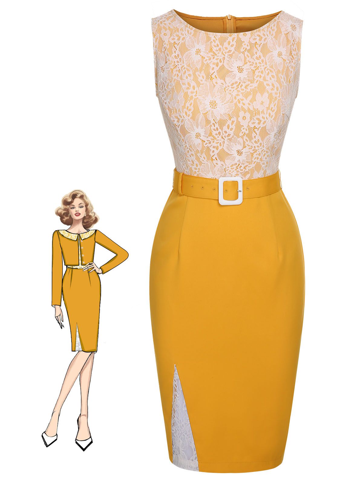 Yellow  Solid Lace Patchwork Belt Dress