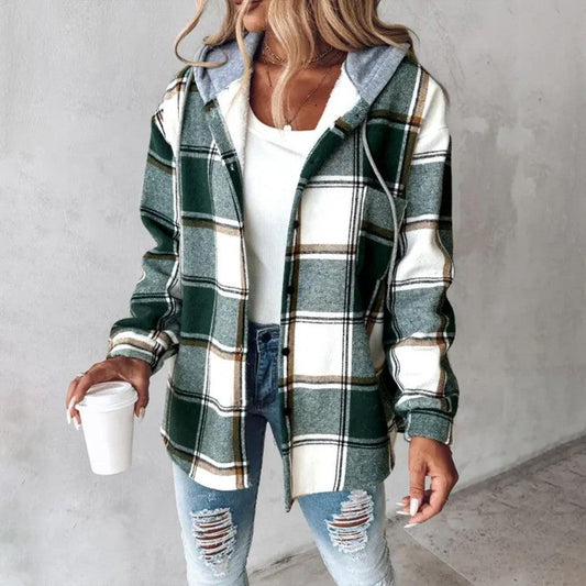 Ivyshape | Plaid Long Sleeve Hoodie Buttons Jacket