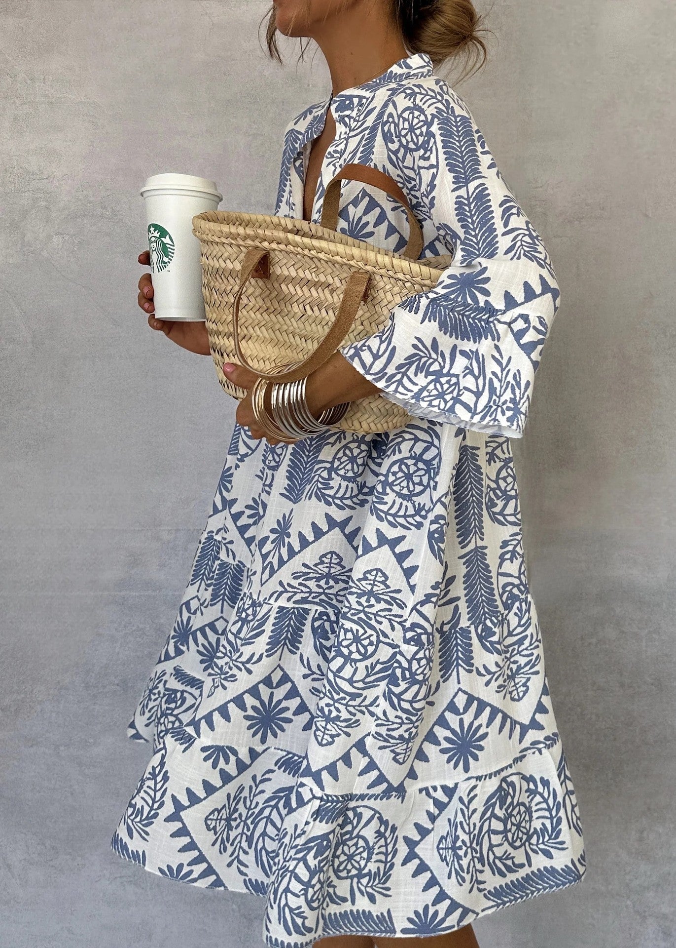 Ivyshape | Printed V-Neck Bell Sleeves Tiered Loose Mini Dress