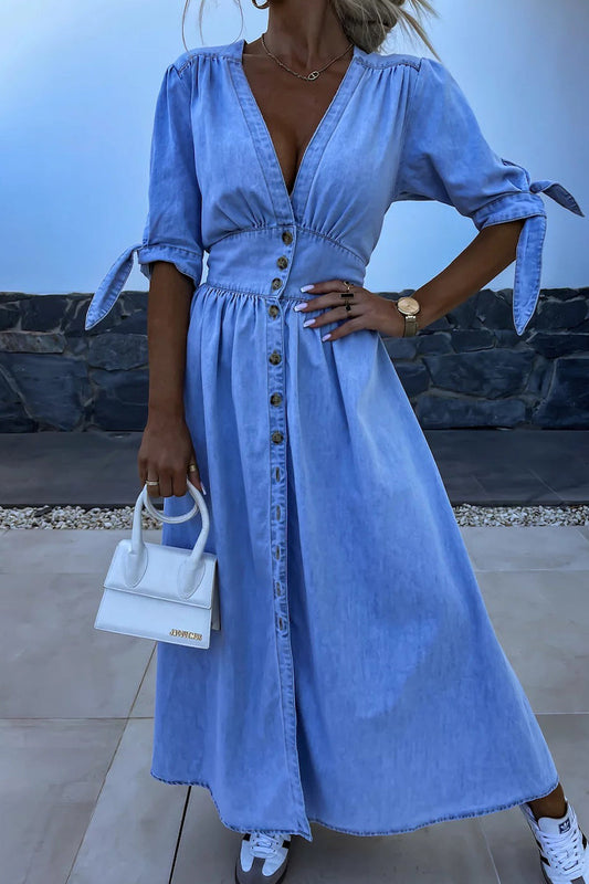 Ivyshape | V-Neck Buttons Down Denim Midi Dress