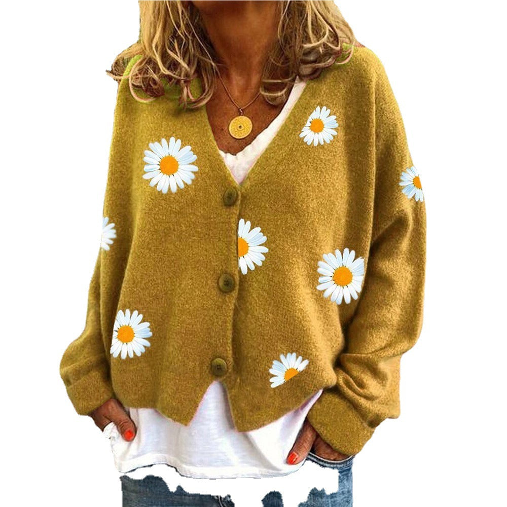 Ivyshape | Up Daisy Embroidery V-Neck Sweater Cardigan