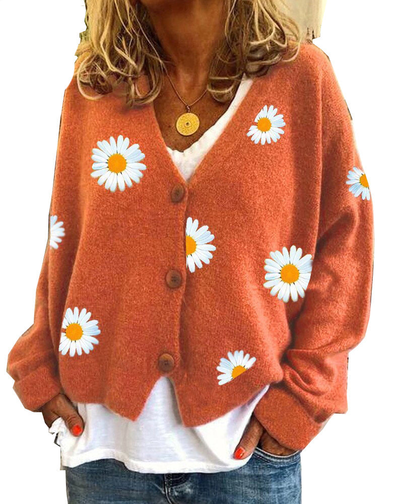 Ivyshape | Up Daisy Embroidery V-Neck Sweater Cardigan