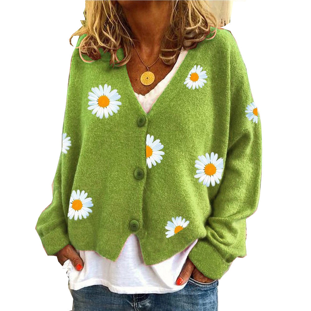 Ivyshape | Up Daisy Embroidery V-Neck Sweater Cardigan