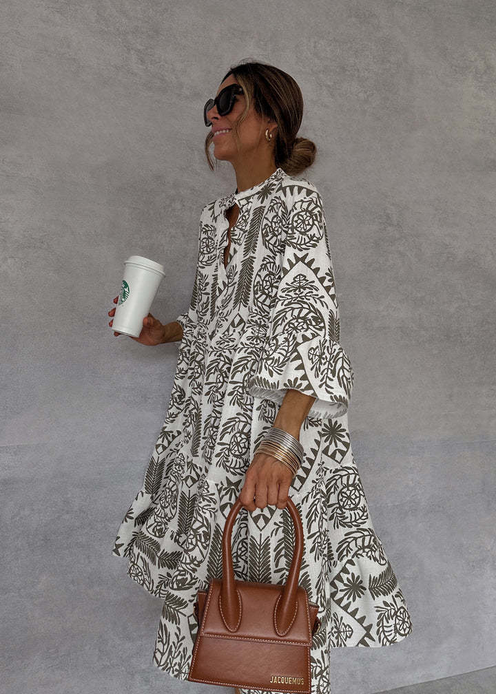 Ivyshape | Printed V-Neck Bell Sleeves Tiered Loose Mini Dress