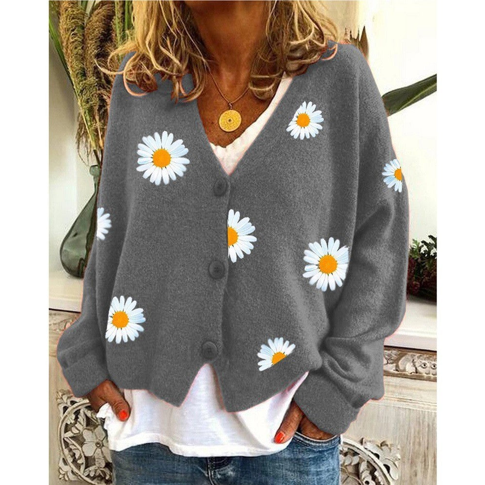 Ivyshape | Up Daisy Embroidery V-Neck Sweater Cardigan