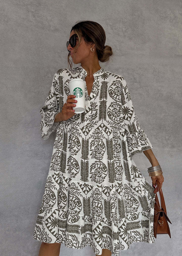 Ivyshape | Printed V-Neck Bell Sleeves Tiered Loose Mini Dress