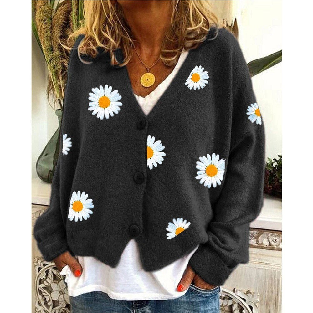 Ivyshape | Up Daisy Embroidery V-Neck Sweater Cardigan