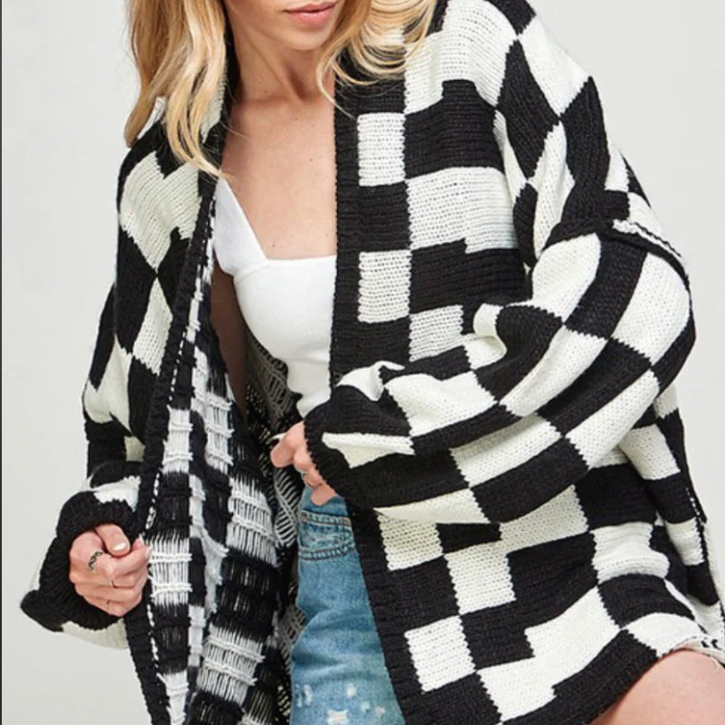 Ivyshape | Plaid Loose Knitted Outerwear Cardigan