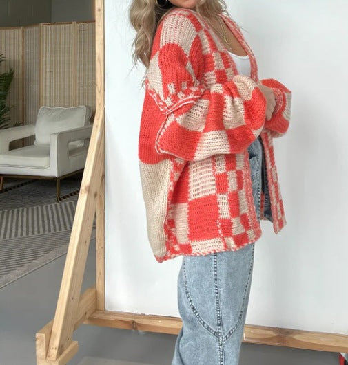 Ivyshape | Plaid Loose Knitted Outerwear Cardigan