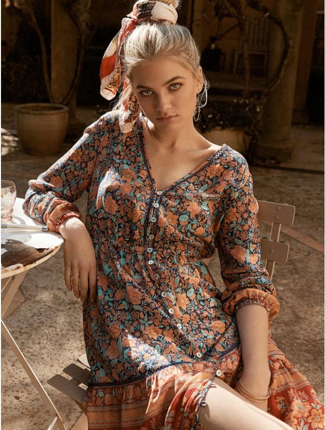 Gypsy Floral Print Long Sleeve High Waist Maxi Dress