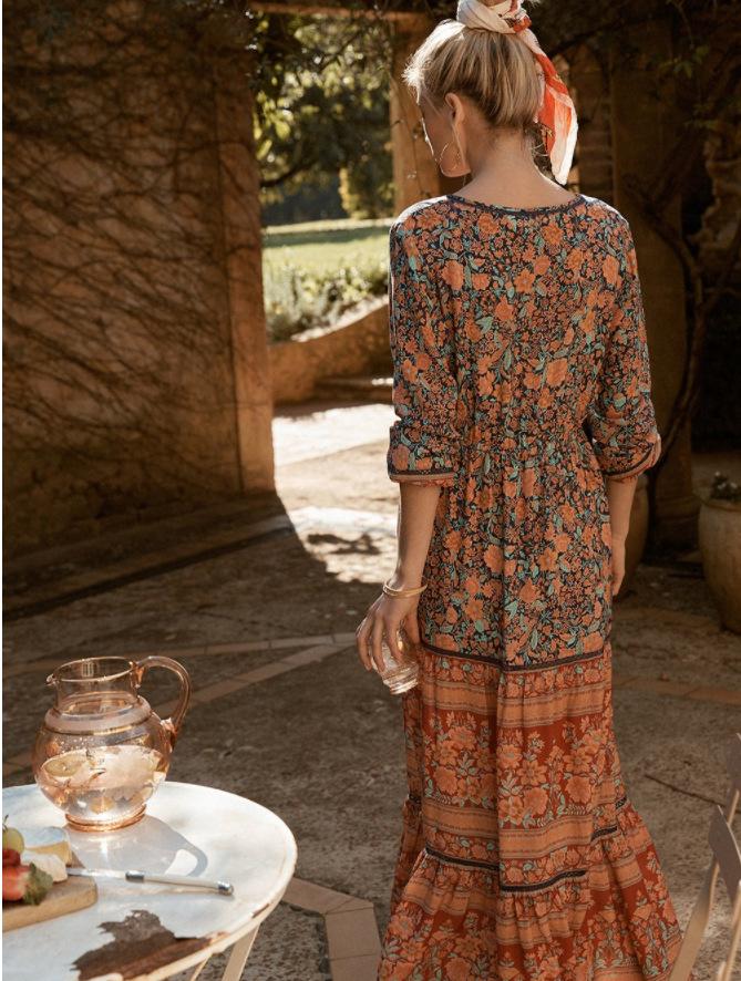 Gypsy Floral Print Long Sleeve High Waist Maxi Dress