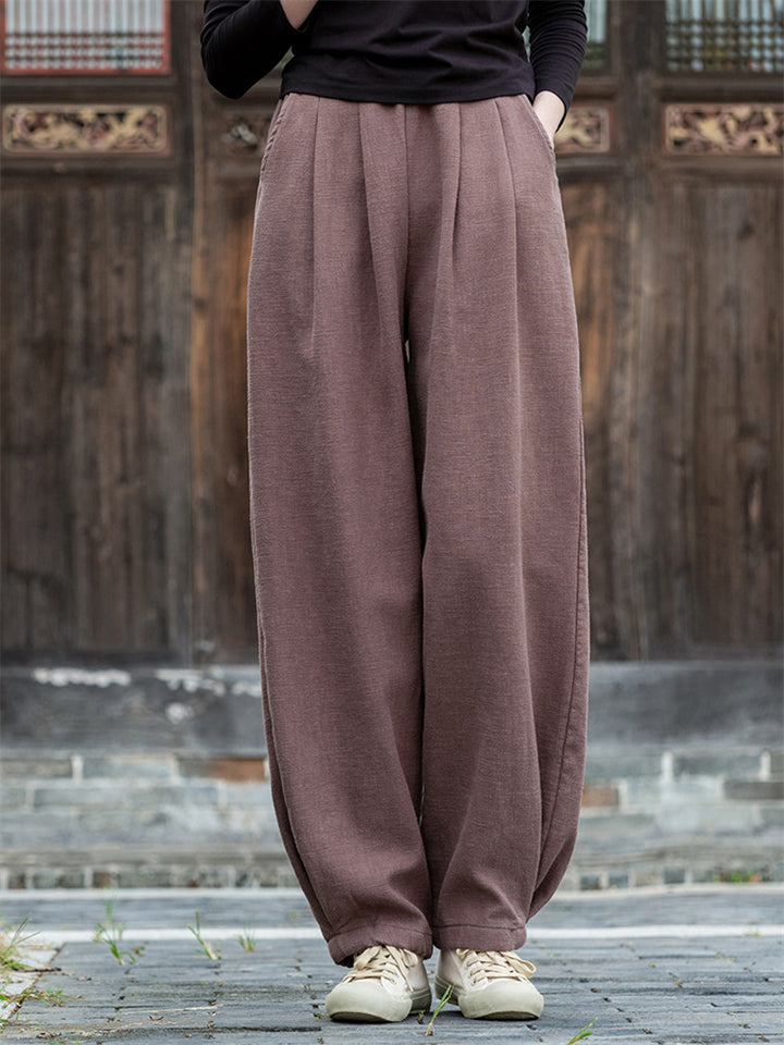 Zen Style Warm Plush Lined Linen Long Pants for Winter