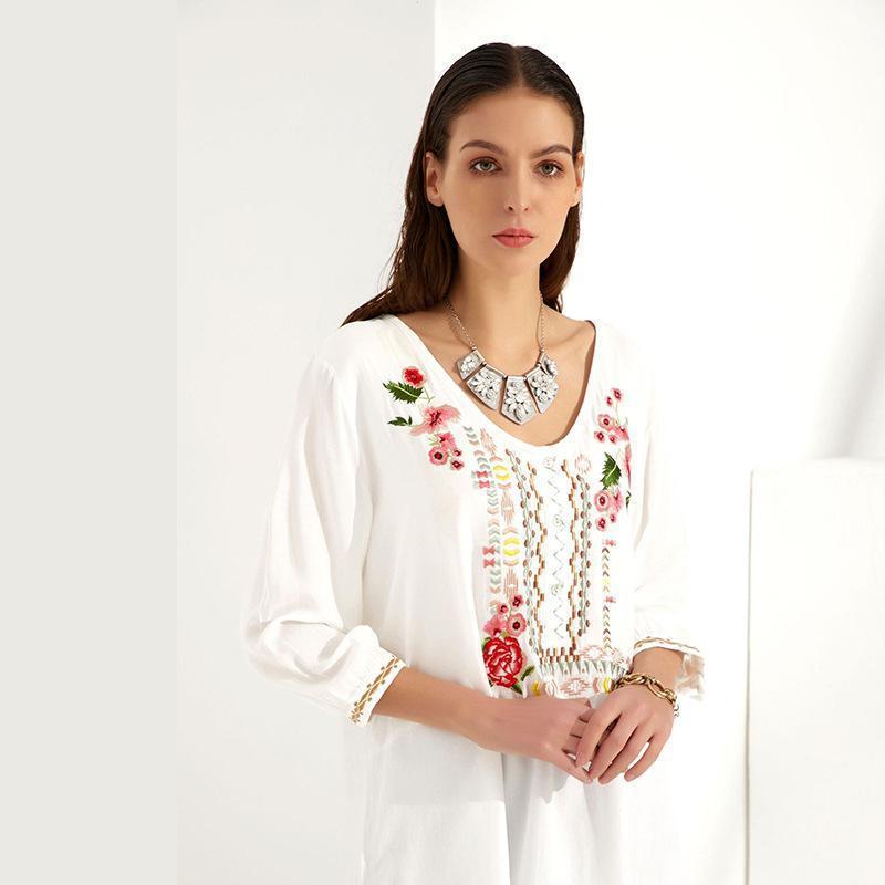 Bohemian Floral Casual V-Neckline Sleeves Peasant Blouses Tops