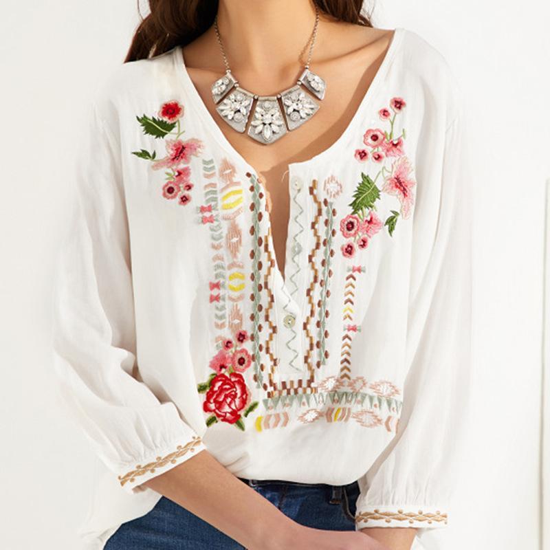 Bohemian Floral Casual V-Neckline Sleeves Peasant Blouses Tops