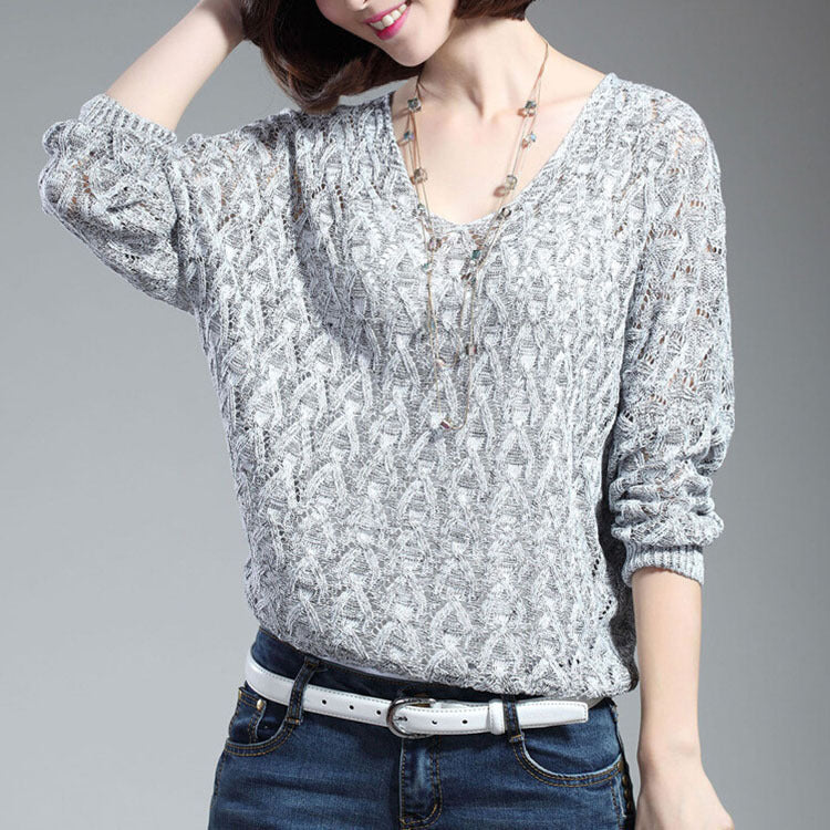 Women's casual knit sweater with V-neck and airy hole structure Ivyshape