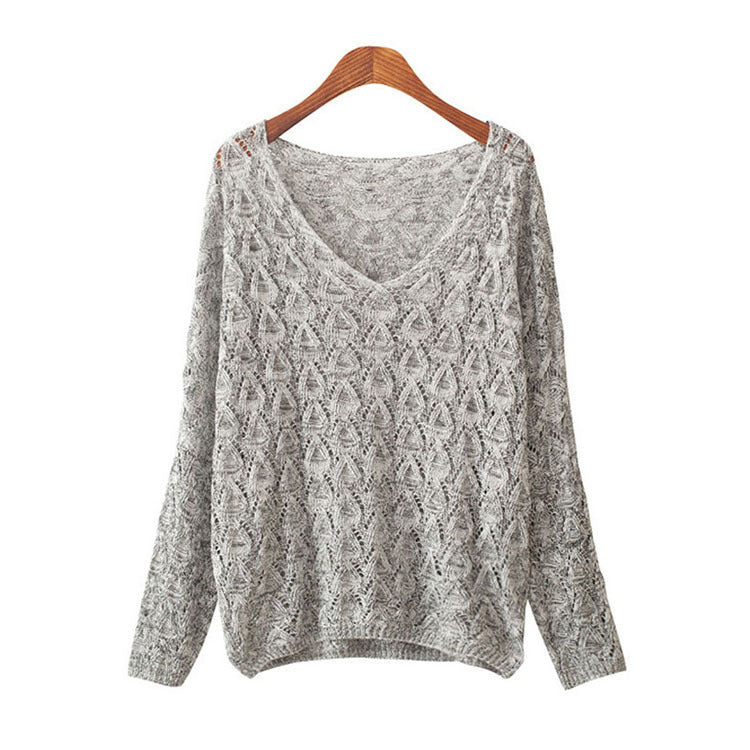 Women's casual knit sweater with V-neck and airy hole structure Ivyshape