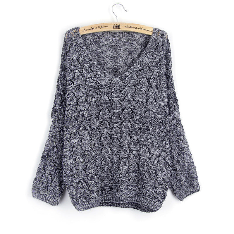 Women's casual knit sweater with V-neck and airy hole structure Ivyshape