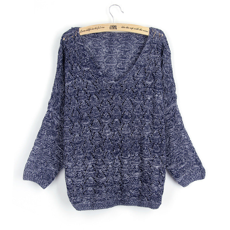 Women's casual knit sweater with V-neck and airy hole structure Ivyshape