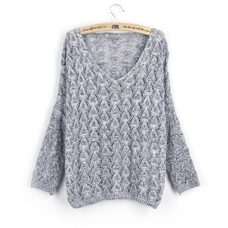 Women's casual knit sweater with V-neck and airy hole structure Ivyshape