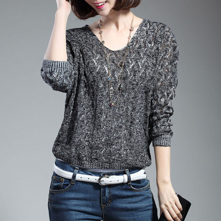 Women's casual knit sweater with V-neck and airy hole structure Ivyshape