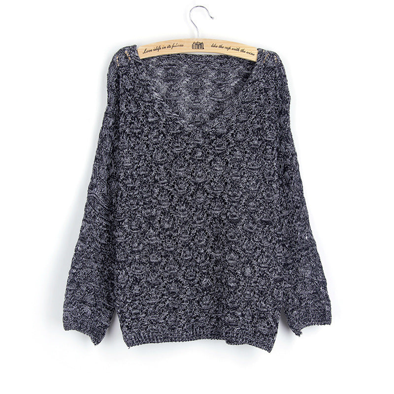 Women's casual knit sweater with V-neck and airy hole structure Ivyshape
