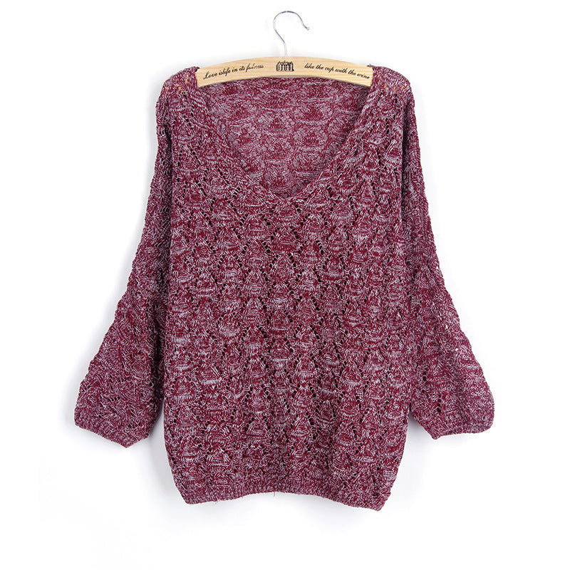 Women's casual knit sweater with V-neck and airy hole structure Ivyshape