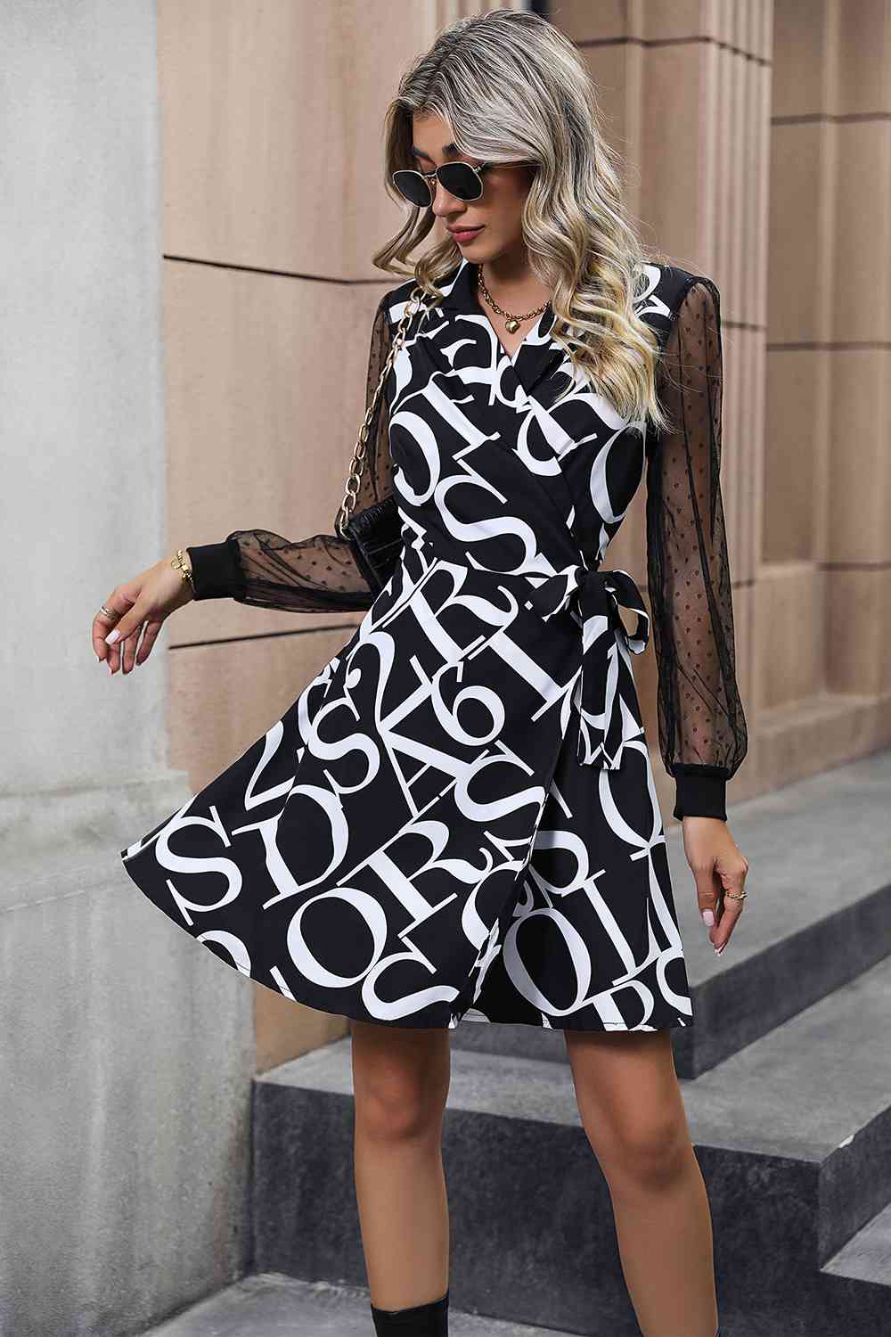 Surplice Neck Long Sleeve Tied Dress