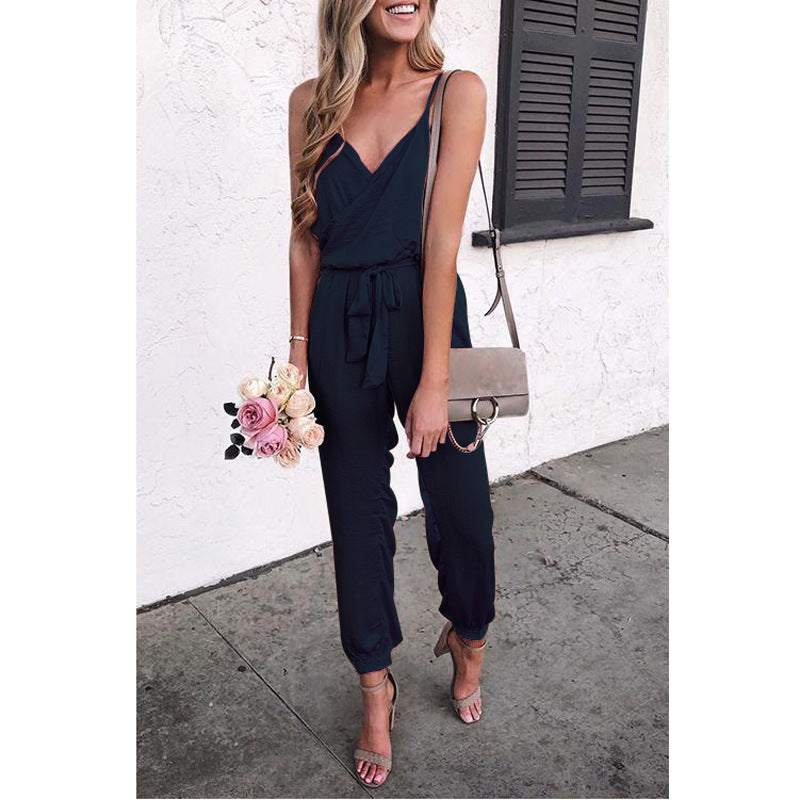 Women Elegant Jumpsuit with Adjustable Belt and Delicate V-Neck Ivyshape
