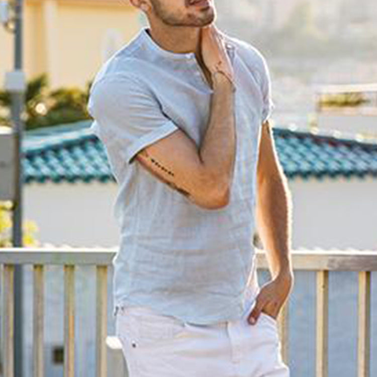 Men's Short Sleeve Henley Shirt made of airy cotton with a modern stand-up collar Ivyshape