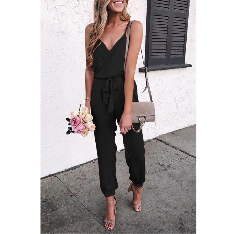 Women Elegant Jumpsuit with Adjustable Belt and Delicate V-Neck Ivyshape