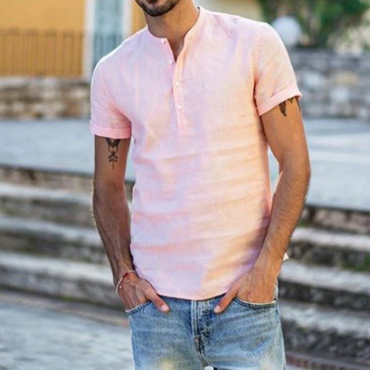 Men's Short Sleeve Henley Shirt made of airy cotton with a modern stand-up collar Ivyshape