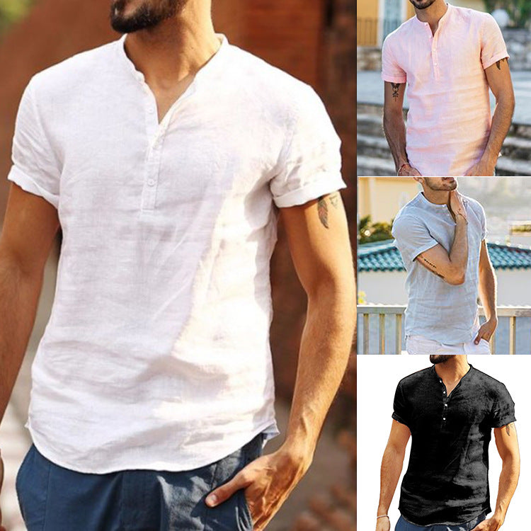 Men's Short Sleeve Henley Shirt made of airy cotton with a modern stand-up collar Ivyshape