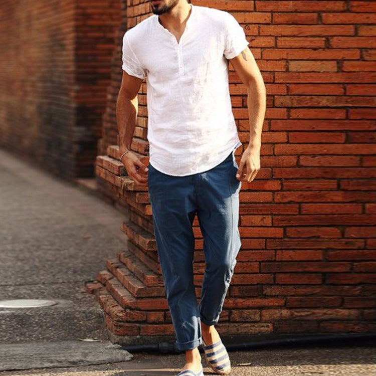 Men's Short Sleeve Henley Shirt made of airy cotton with a modern stand-up collar Ivyshape