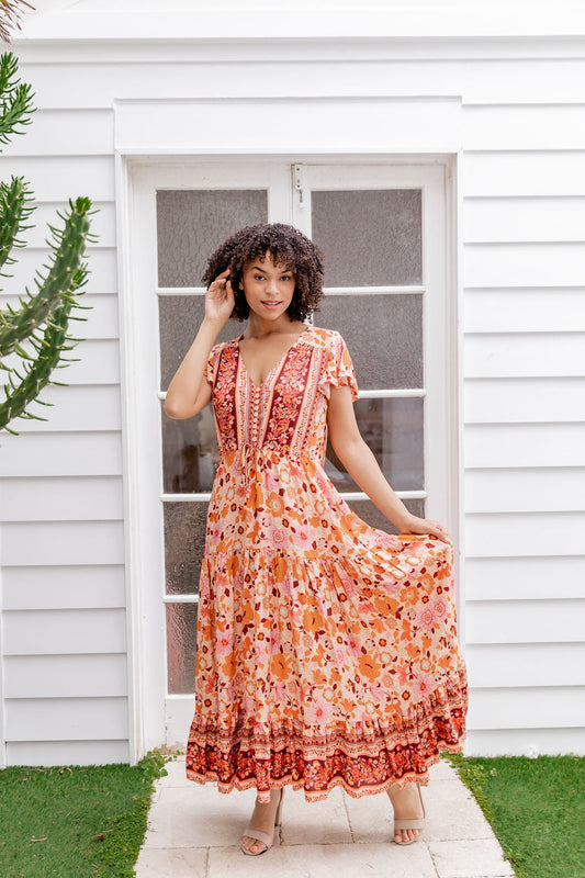 Cora Maxi Dress - Orange Hibiscus