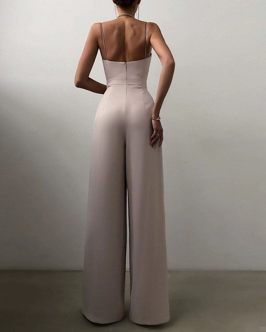 Ivyshape | Straight Jumpsuit with High Waist and Spaghetti Straps for Women