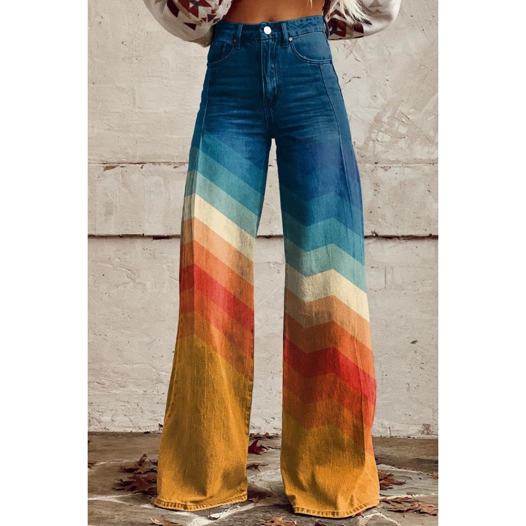 Ivyshape | Women's Printed Denim Flare Pants Geometric