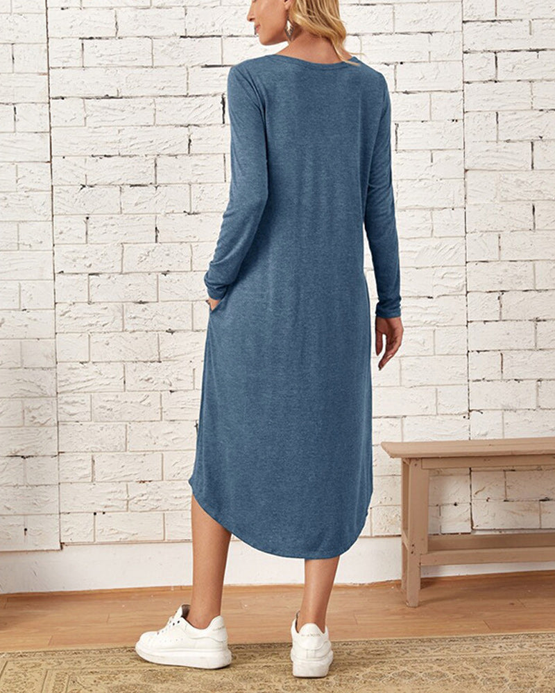 Summer Loose Midi Dress with Long Sleeves and Pocket | Ideal for Summer