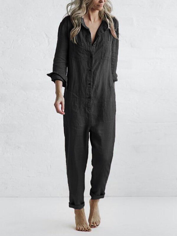 Ivyshape | Beatrix Button-up, Casual Long Sleeve Jumpsuit with Revers Pocket [Last Day Discount]