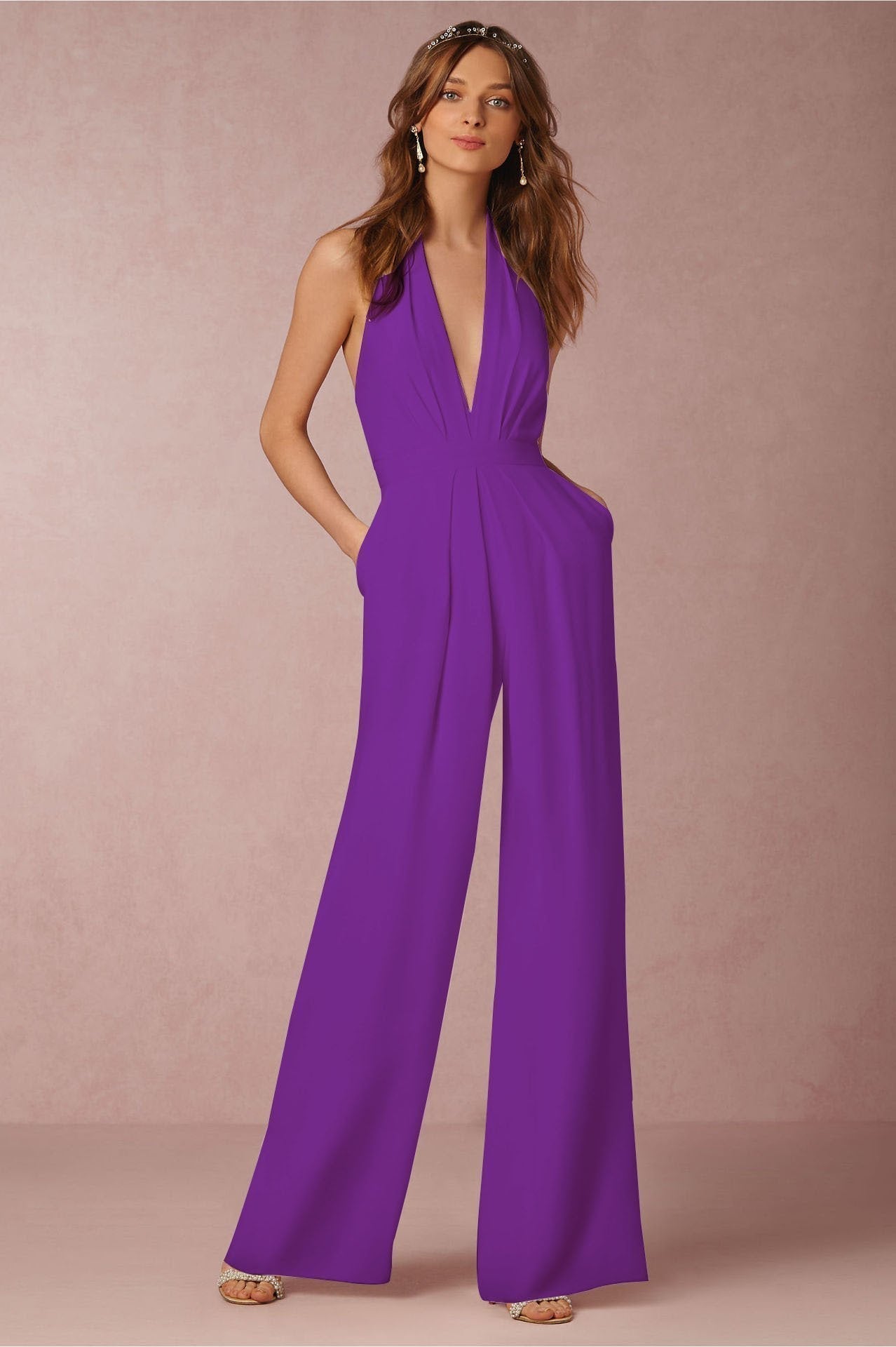 Color Halter Wide Leg Pants Jumpsuit