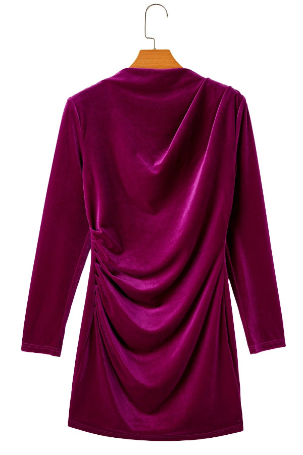 Ivyshape | Pink Velvet Mock Neck Ruched Long Sleeve Bodycon Dress