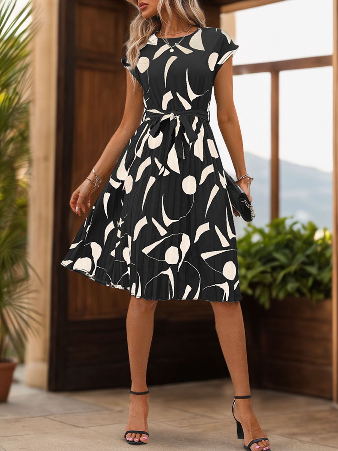 Ivyshape | Tied Pleated Printed Cap Sleeve Dress