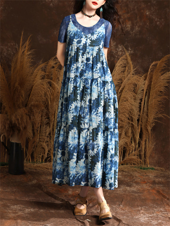 French Style Daisy Print Blue Midi Dress