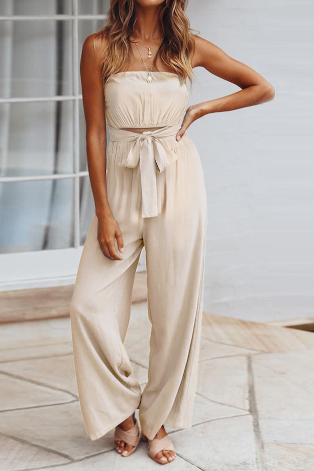 Ivyshape | Tied Cutout Tube Wide Leg Jumpsuit