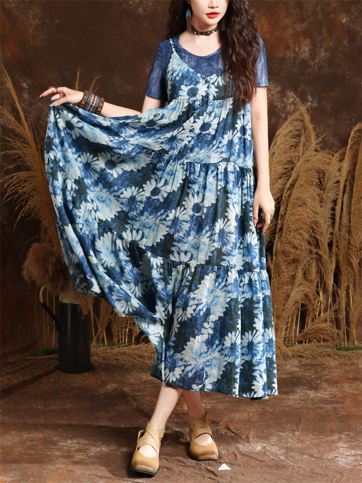 French Style Daisy Print Blue Midi Dress